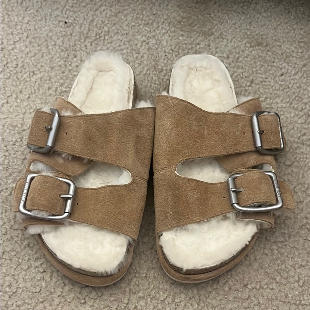 Women's Tan Suede Buckle Sandals